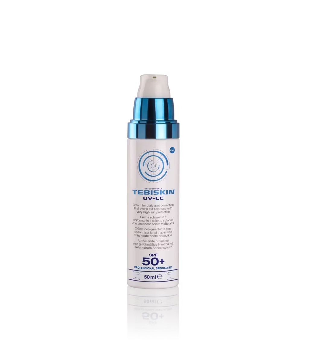 a white and blue bottle of tebiskin uv lightening cream with a white cap
