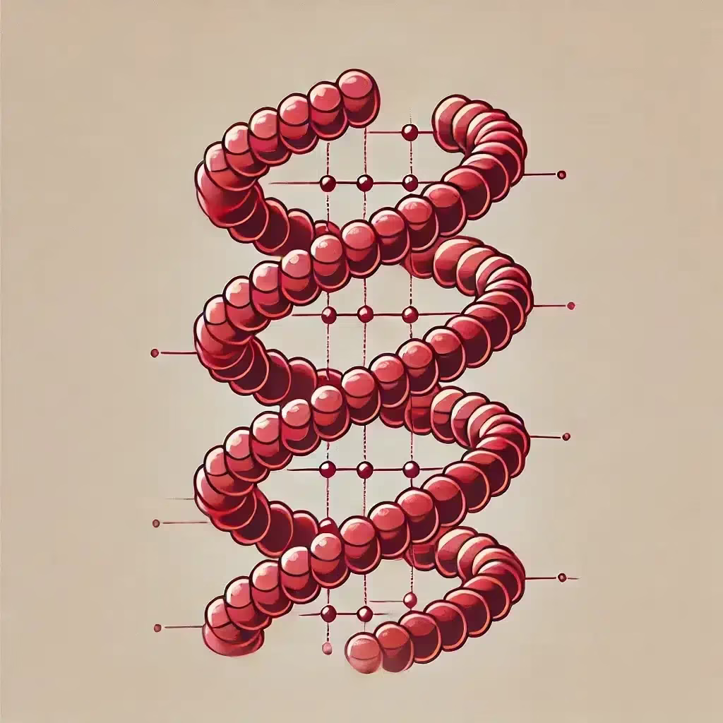 a red dna structure with dots and lines