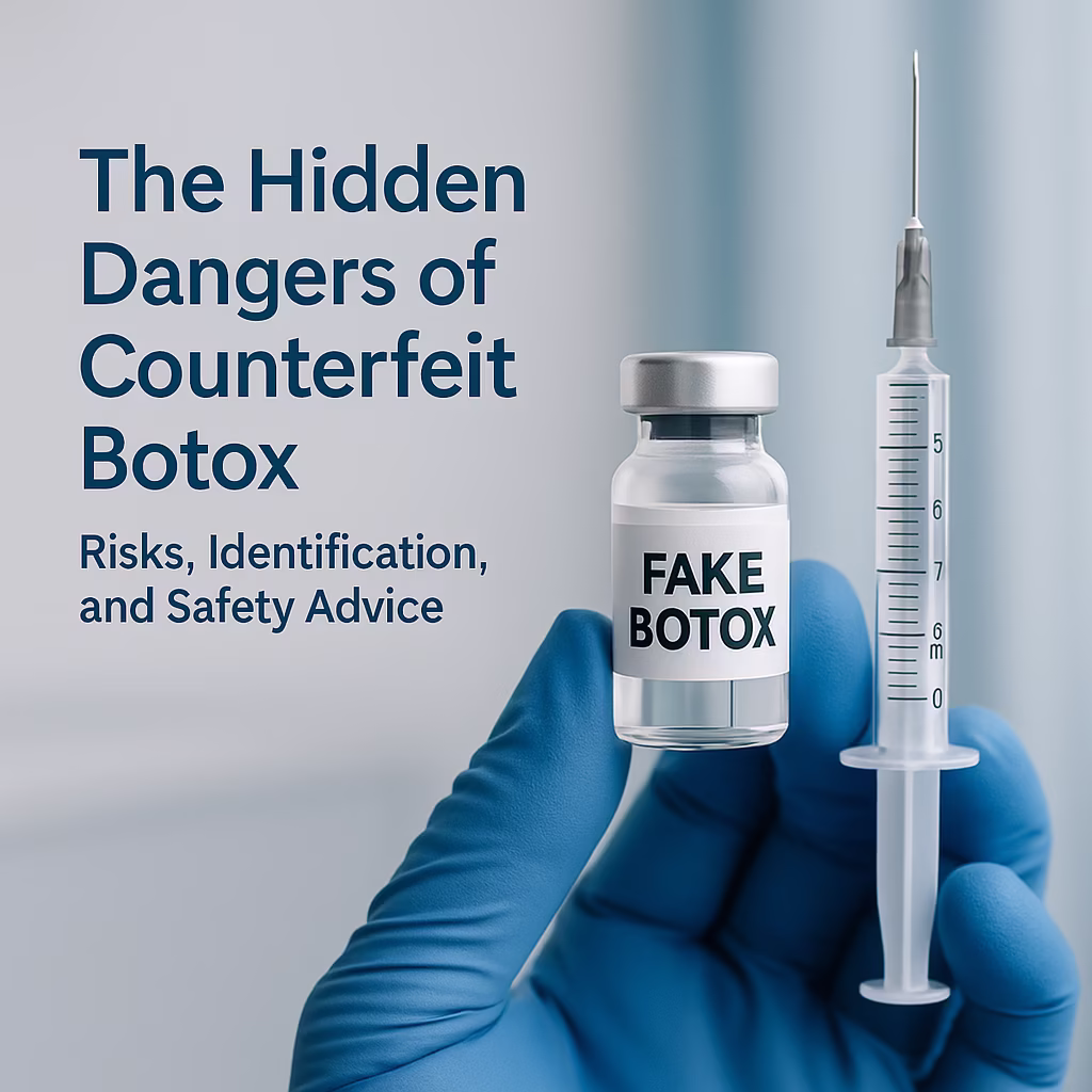 Gloved hand holding a fake Botox vial next to a syringe, with clinical safety warning text