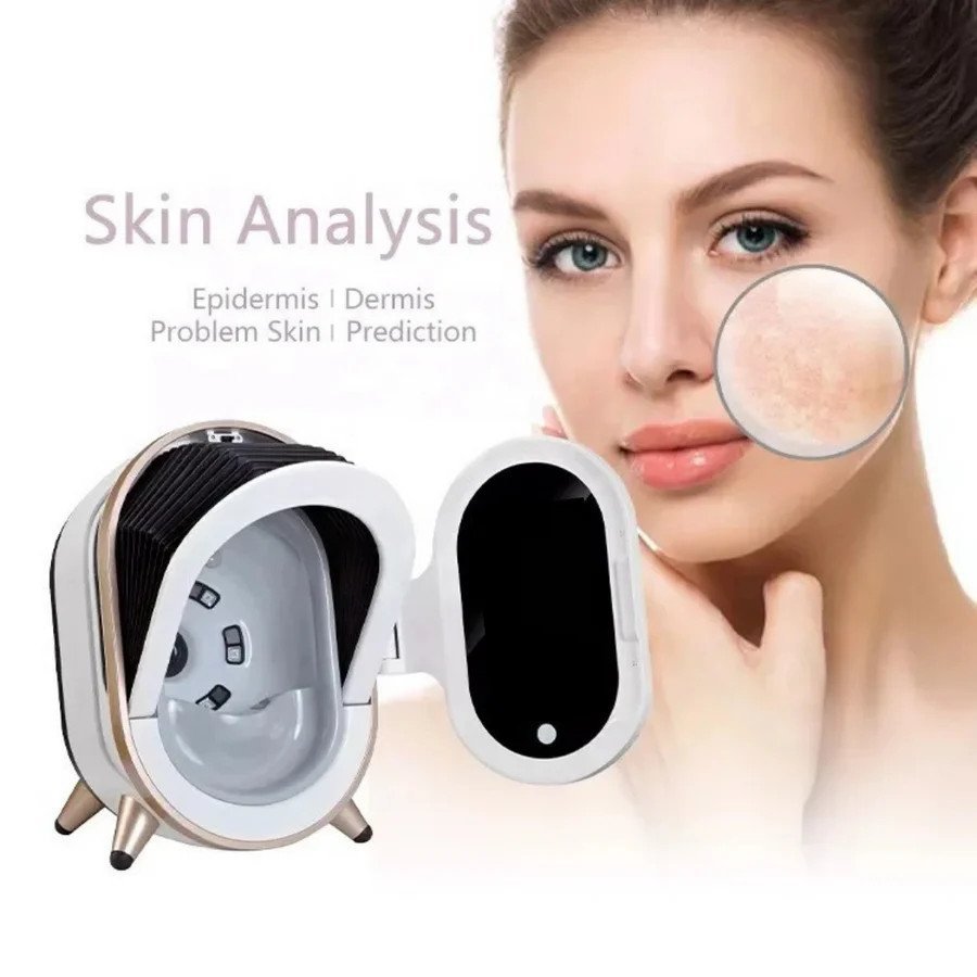 skin analysis machine with woman and magnifying glass